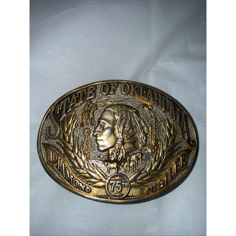 State of Oklahoma Diamond 75th Jubilee Belt Buckle 24K GP Award Design Medals #2
